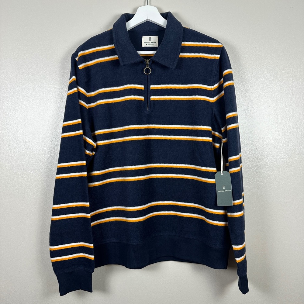 Mutual Weave Men's M Quarter Zip Pullover Navy Blue Striped Fleece‎ NEW